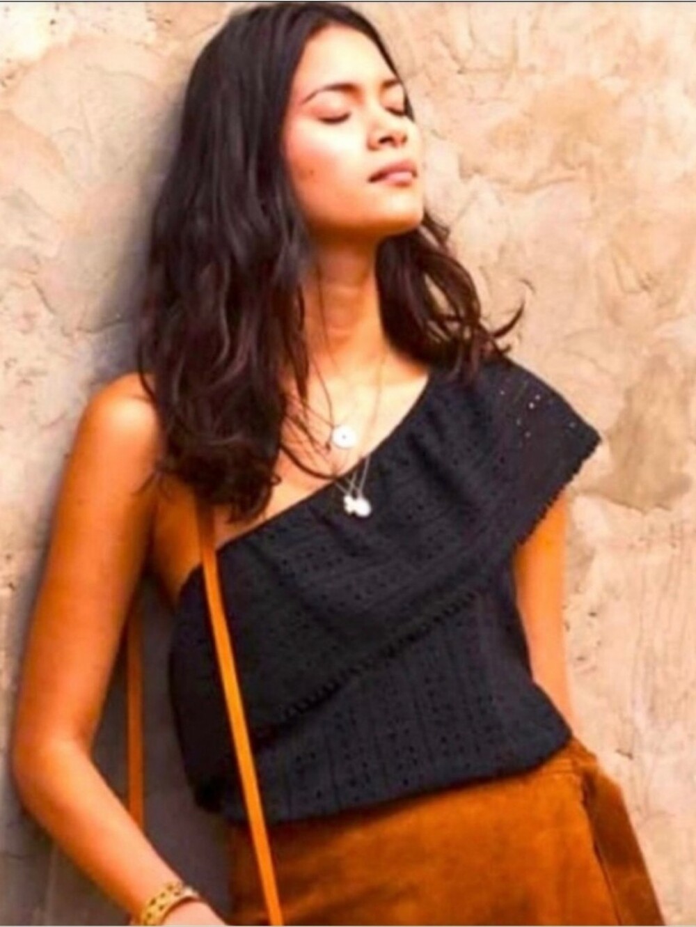 Sézane Adelie Ruffle One Shoulder Eyelet Blouse Black Size 38 / US 6